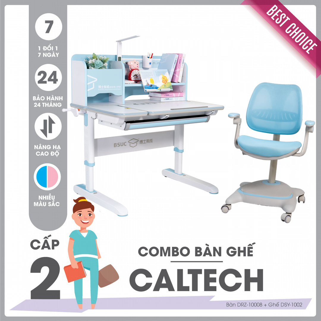 Bộ bàn ghế học sinh cấp 2 SMLIFE CALTECH - Xanh | Bàn: 100cm x 68cm x 53-78cm (mặt bàn nâng hạ) | Ghế: D46 x R46cm x C78-100cm.