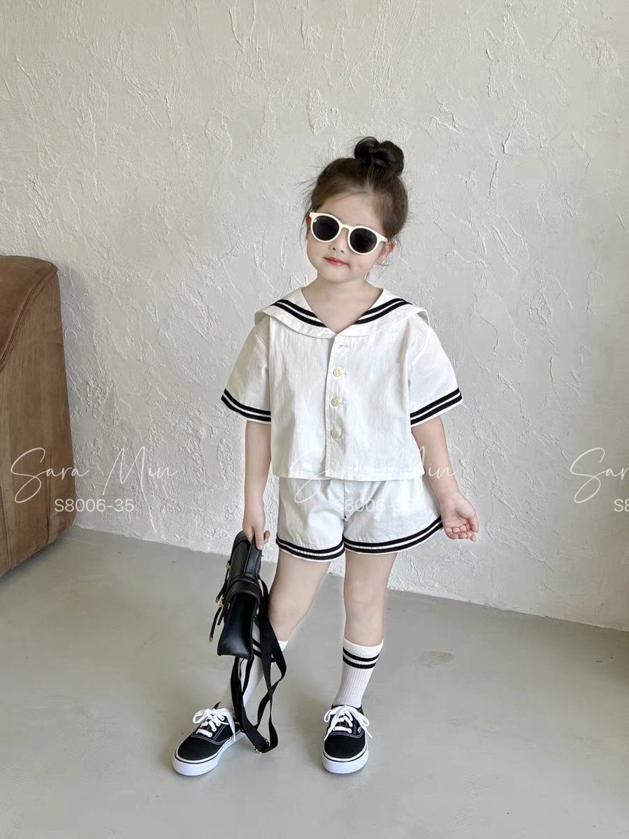 [Từ 1 đến 12 tuổi] Set bộ trắng Hải quân thô cotton mềm mịn hút mồ hôi đi học đi chơi