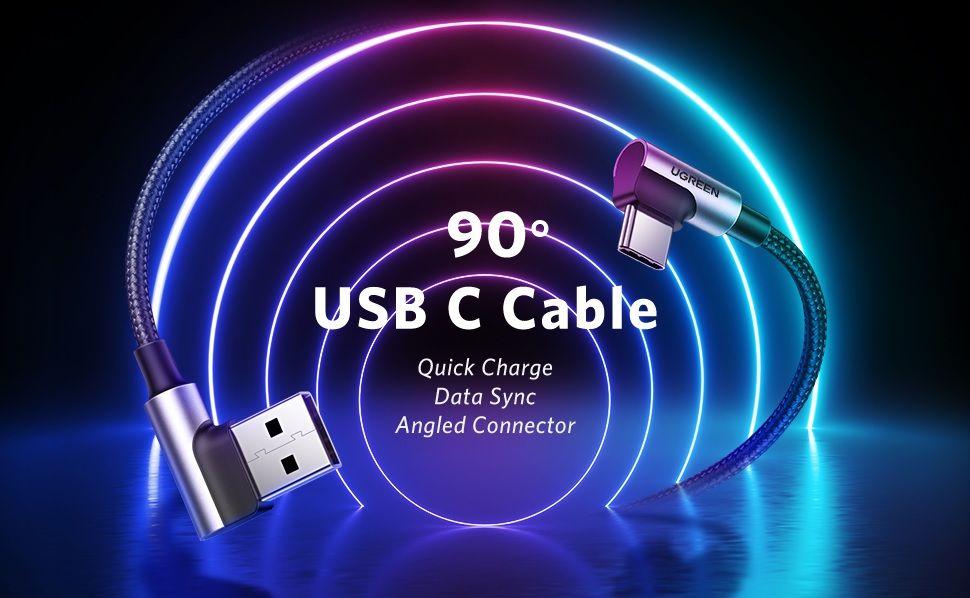 Ugreen UG70875US176TK 3M màu Đen 3A Cáp sạc , truyền dữ liệu USB 2.0 sang USB-C vuông góc 90 độ dây dù - HÀNG CHÍNH HÃNG