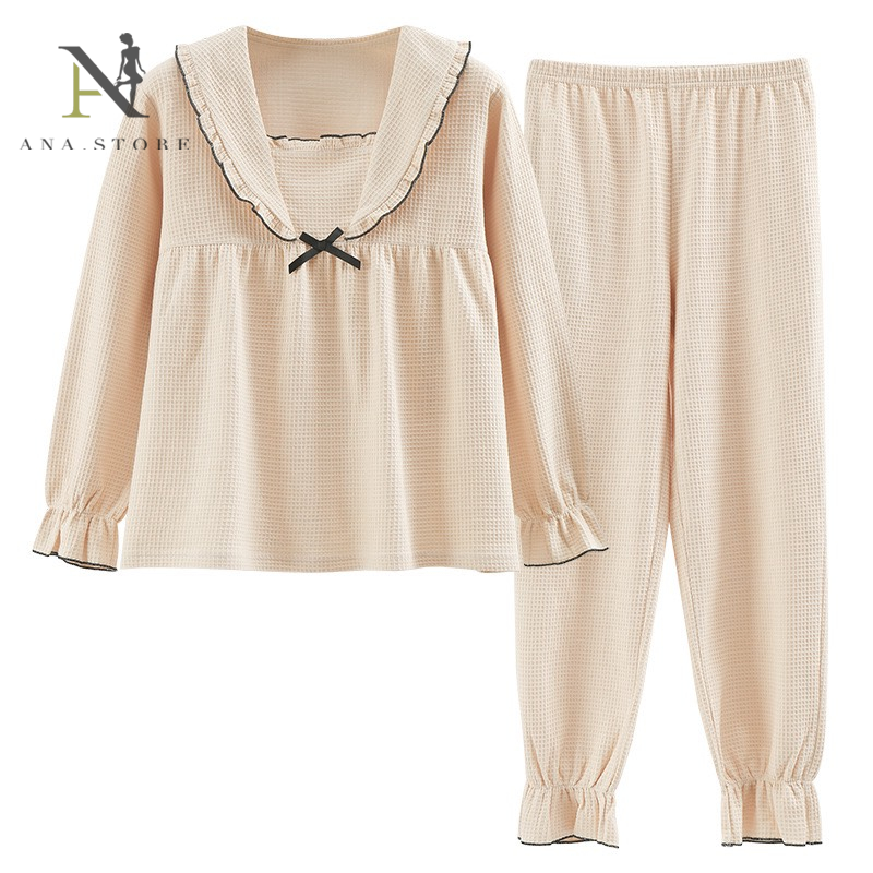 Bộ Ngủ Cotton Nữ Dài Tay Cổ Bèo Tiểu Thưu