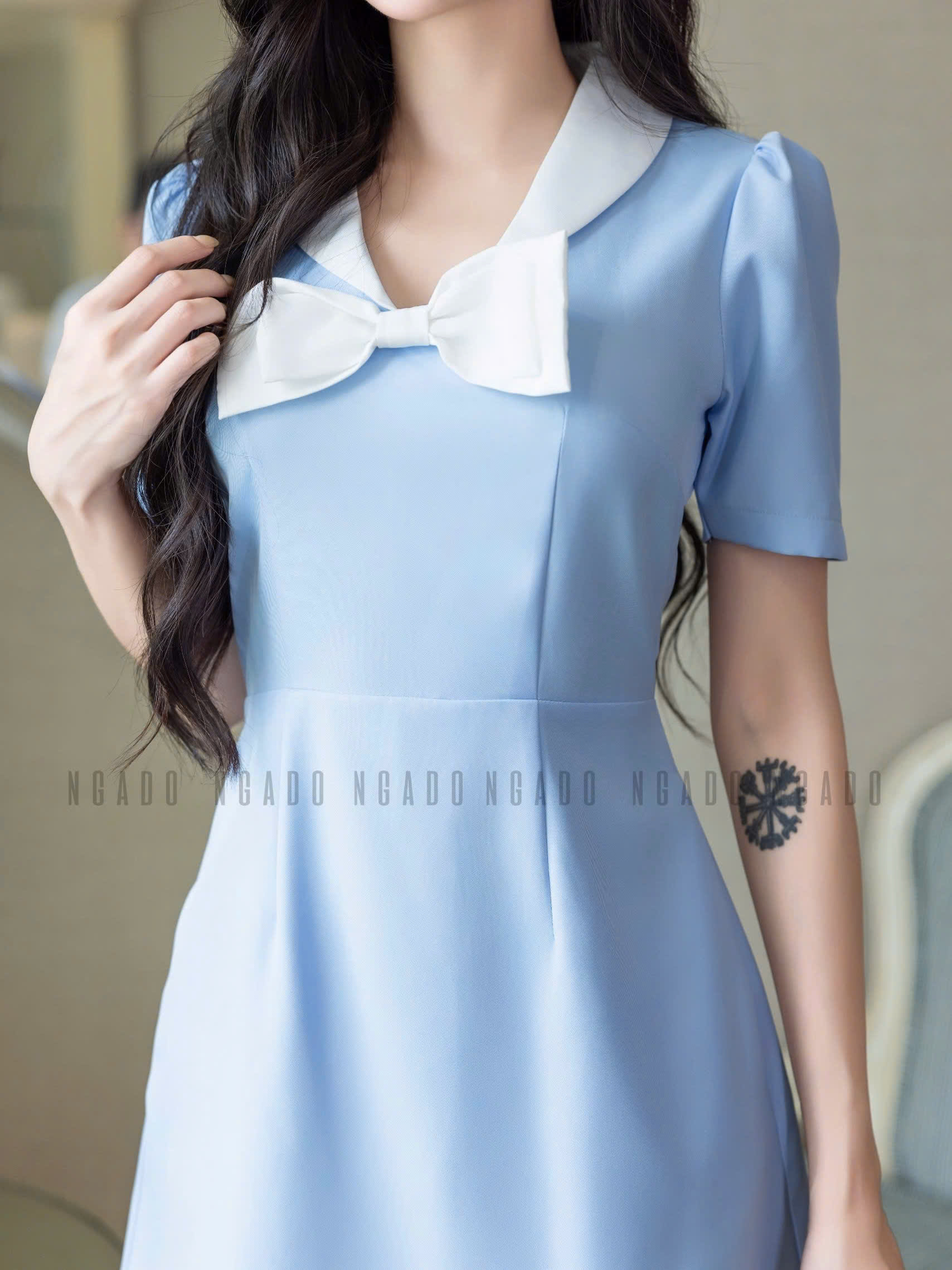 Đầm xanh cổ trắng đính nơ NGADO , đầm dự tiệc, đầm dạo phố