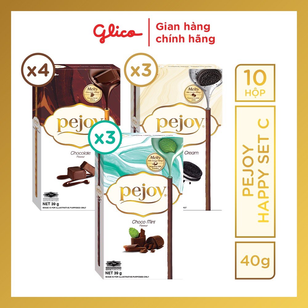 Bánh que nhân kem mix vị GLICO Pejoy (Combo Full Happiness 10 hộp - 4 Chocolate 3 Cookies &amp; Cream 3 Choco Mint)