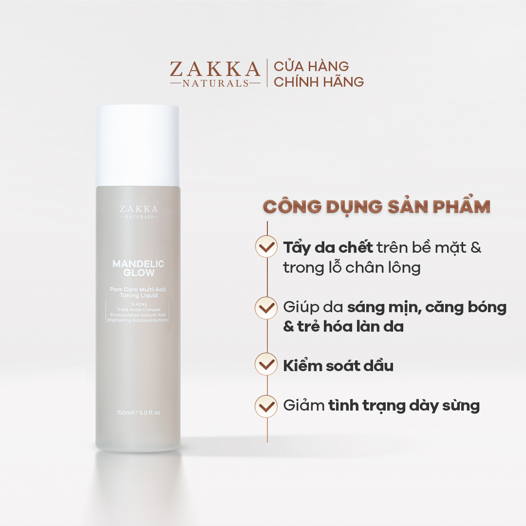 Toner Tẩy Da Chết AHA, BHA Mandelic Glow Zakka Naturals 150ml