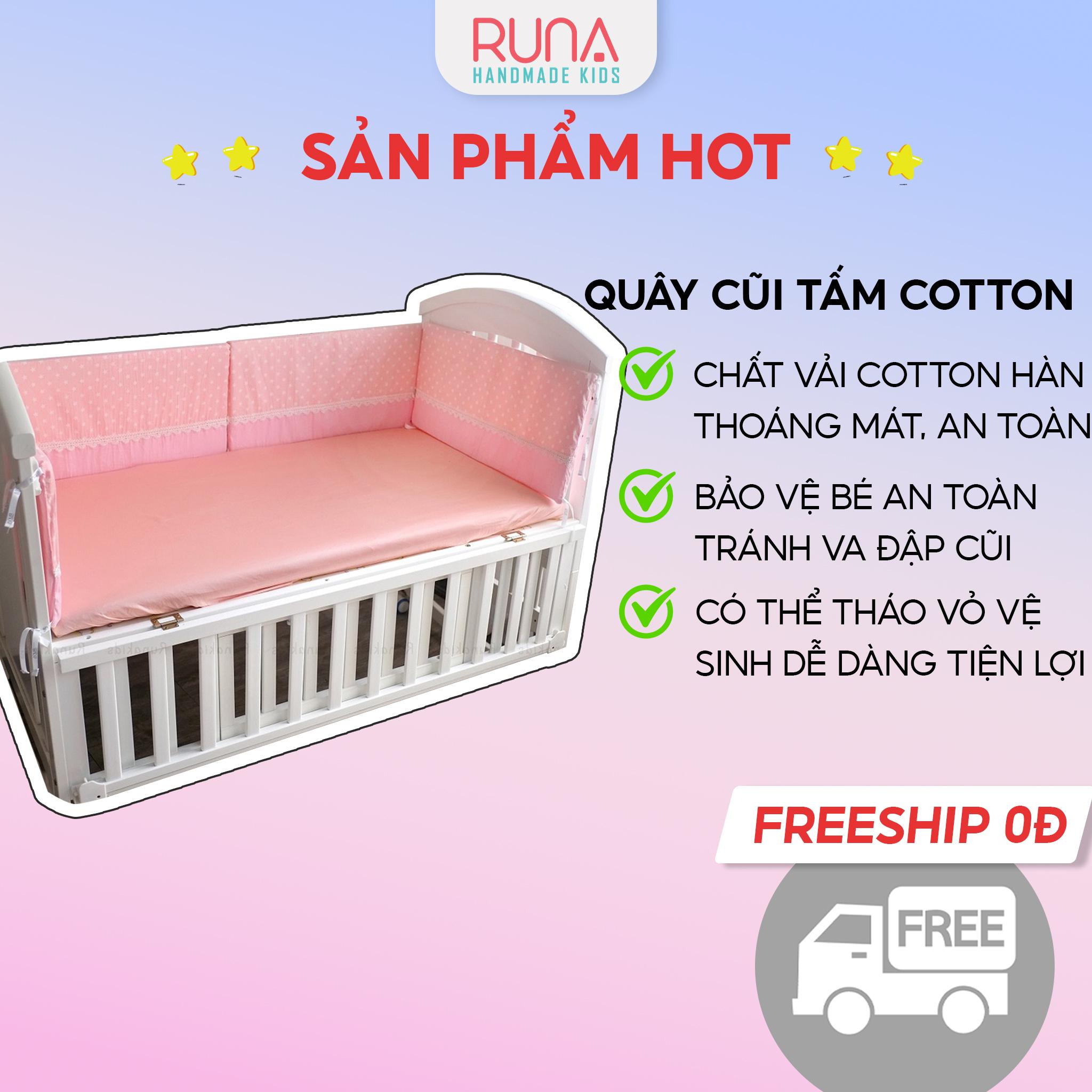 Bộ 6 tấm quây cũi hình chữ nhật RUNA KIDS chất liệu Cotton Hàn 100% mềm mịn thoáng mát an toàn cho da bé