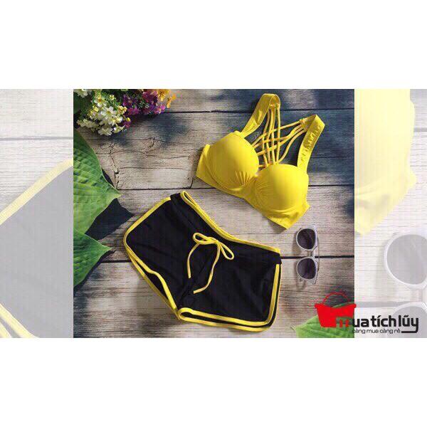 Bikini, Bộ Đồ Bơi Đi Biển 2 Mảnh Quần Đen Áo Vàng Gọng Nâng BELLA MS38