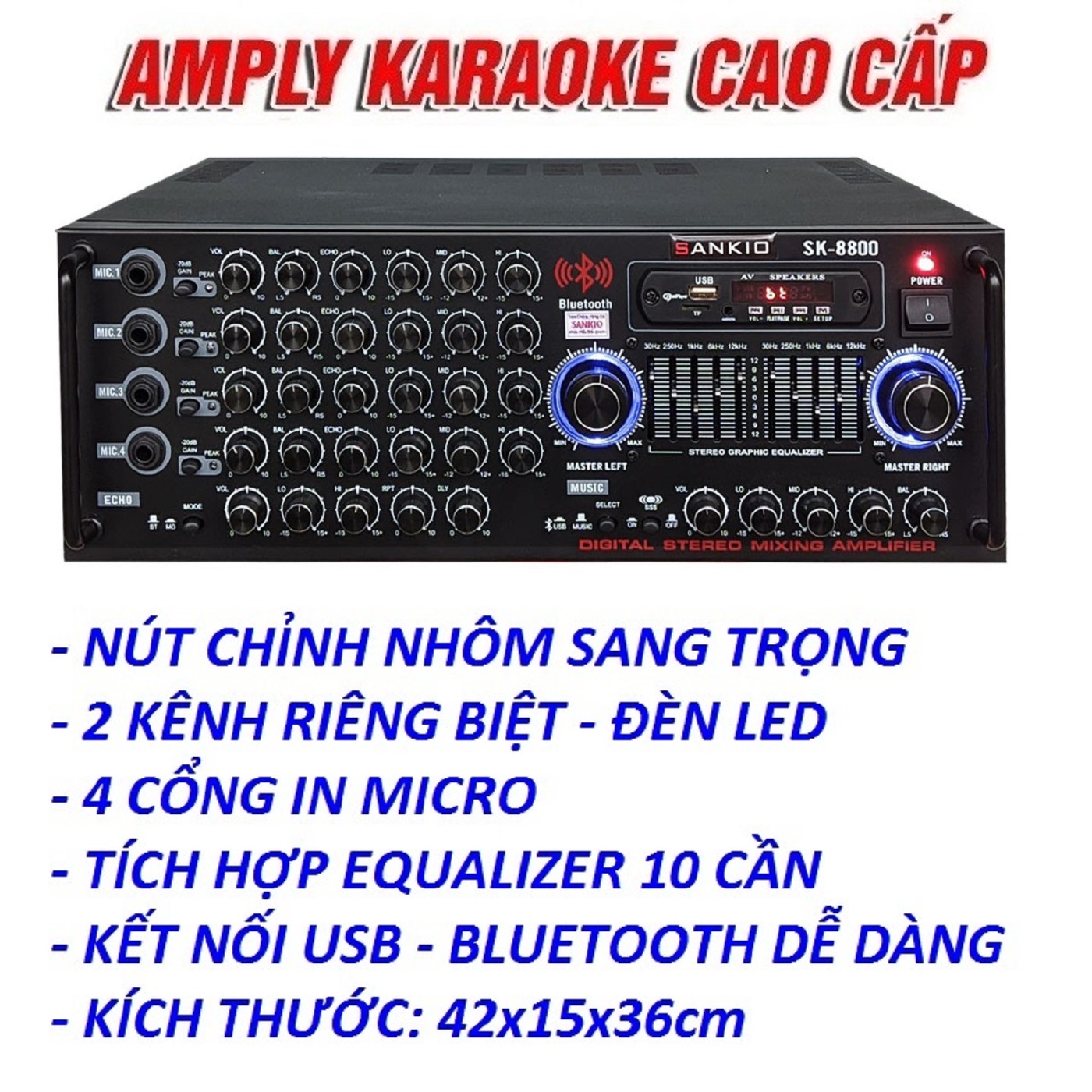 Amply Bluetooth SANKIO SK 8800 - Ampli EQ 16 sò lớn, 2 quạt gió, 4 tụ nguồn lớn - Hàng chính hãng cao cấp