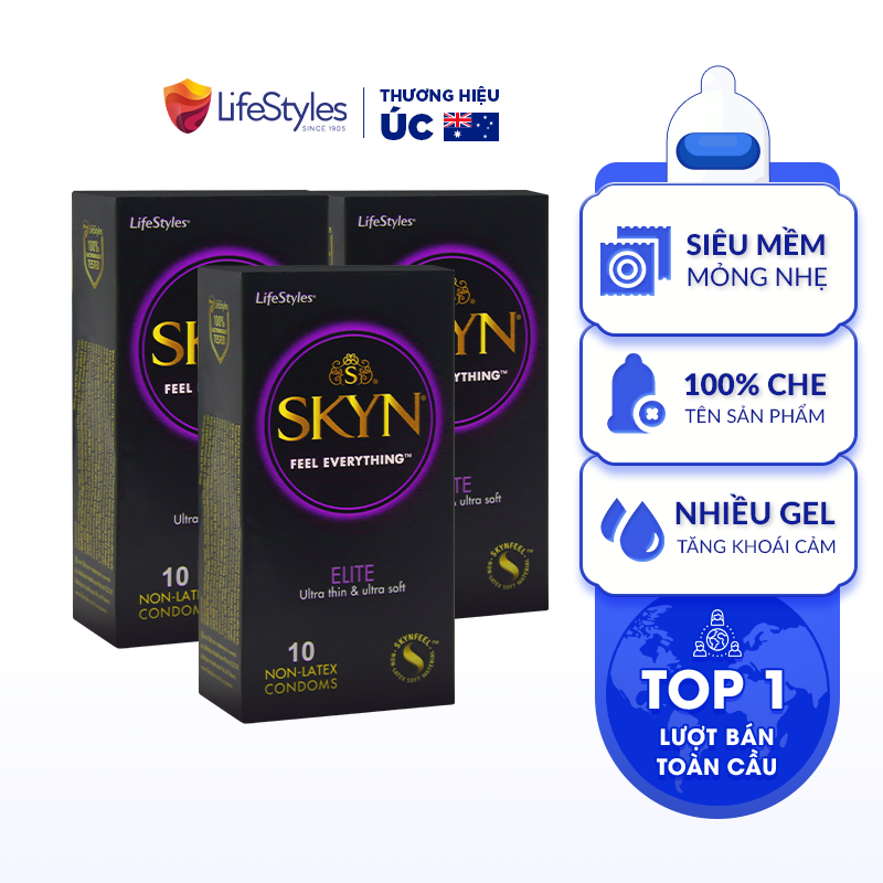 Bộ 3 Hộp Bao cao Su LifeStyles SKYN ELITE Non-latex Siêu Mỏng Siêu Mềm Cao Cấp 10 bao