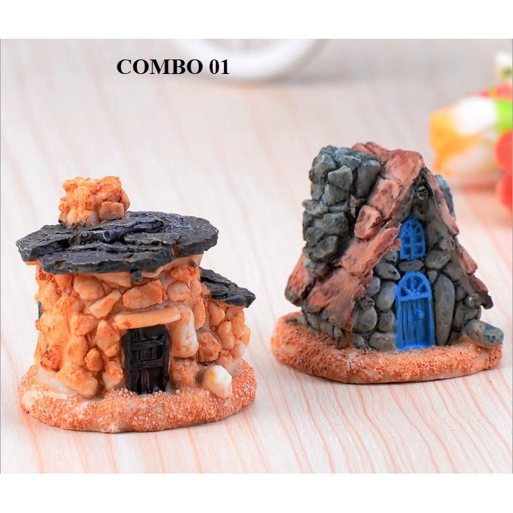 Combo 04 mô hình nhà đá tảng kiểu Bắc Âu - Scotland trang trí bonsai, tiểu cảnh