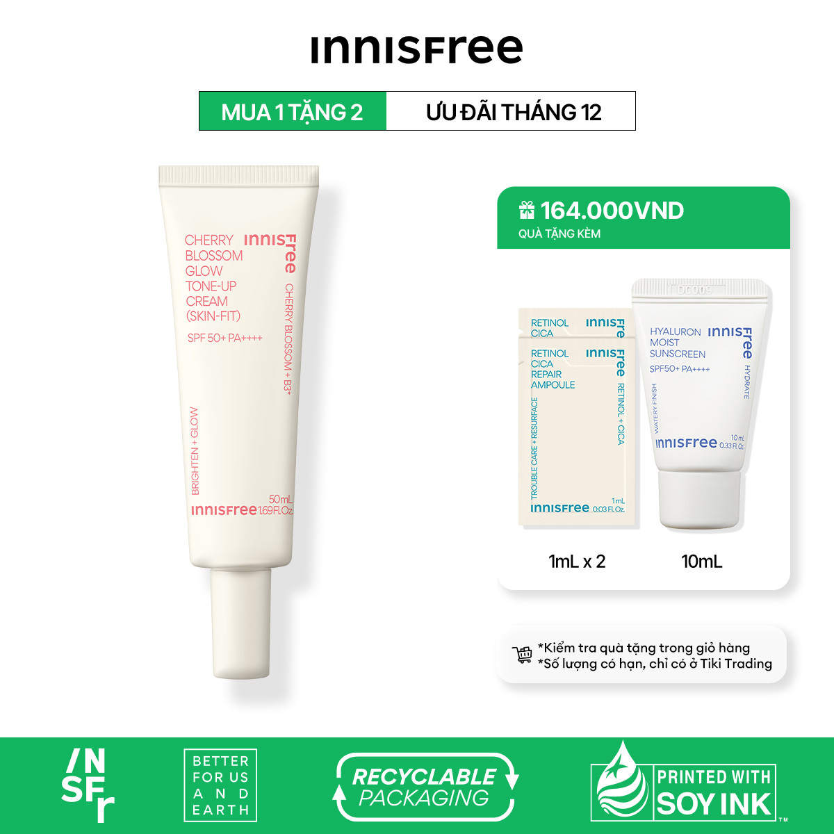 Kem Dưỡng Ẩm Làm Sáng Chống Nắng Cho Da Innisfree Cherry Blossom Glow Skin - Fit Tone - Up Cream Spf 50Pa 50Ml