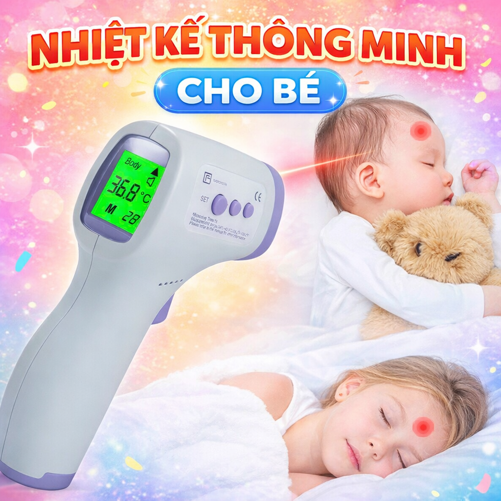 Nhiệt Kế Điện Tử Đo Trán Cho Bé – Màn Hình Màu, Cảnh Báo Sốt, Chính Xác Cao