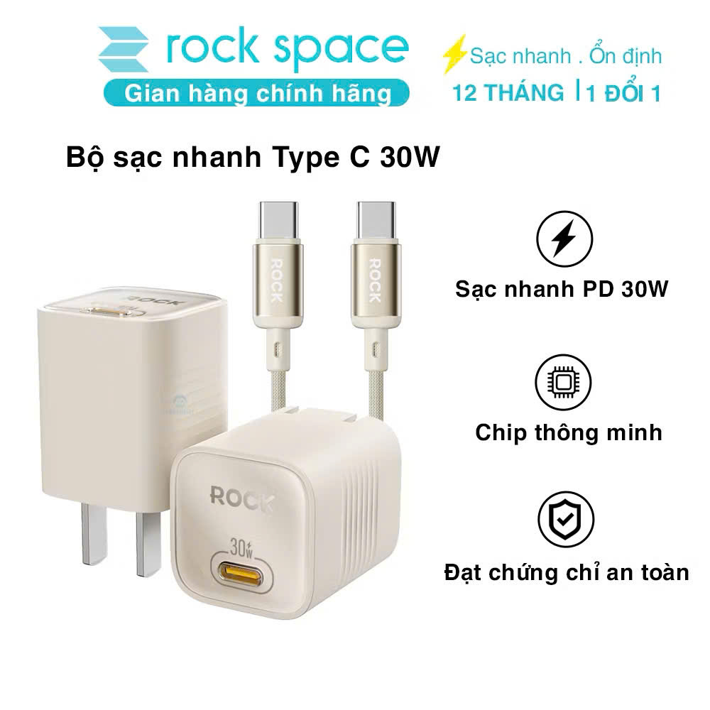 Bộ sạc nhanh type-c cho ip15 ROCK Ice²Cube sạc nhanh 30W - Hàng chính hãng Rockspace bảo hành 12 tháng