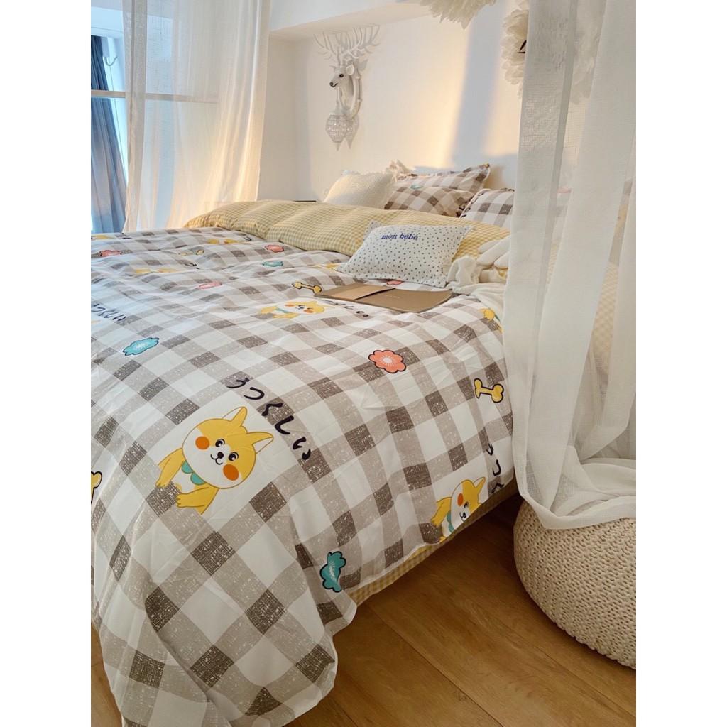 Bộ chăn ga gối Cotton poly M2T bedding Cún caro, vỏ chăn mền, drap nệm và 2 vỏ gối