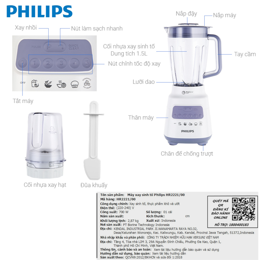 Máy xay sinh tố đa năng Philips HR2221/00 công suất 700W, xuất xứ Indonesia - Hàng chính hãng