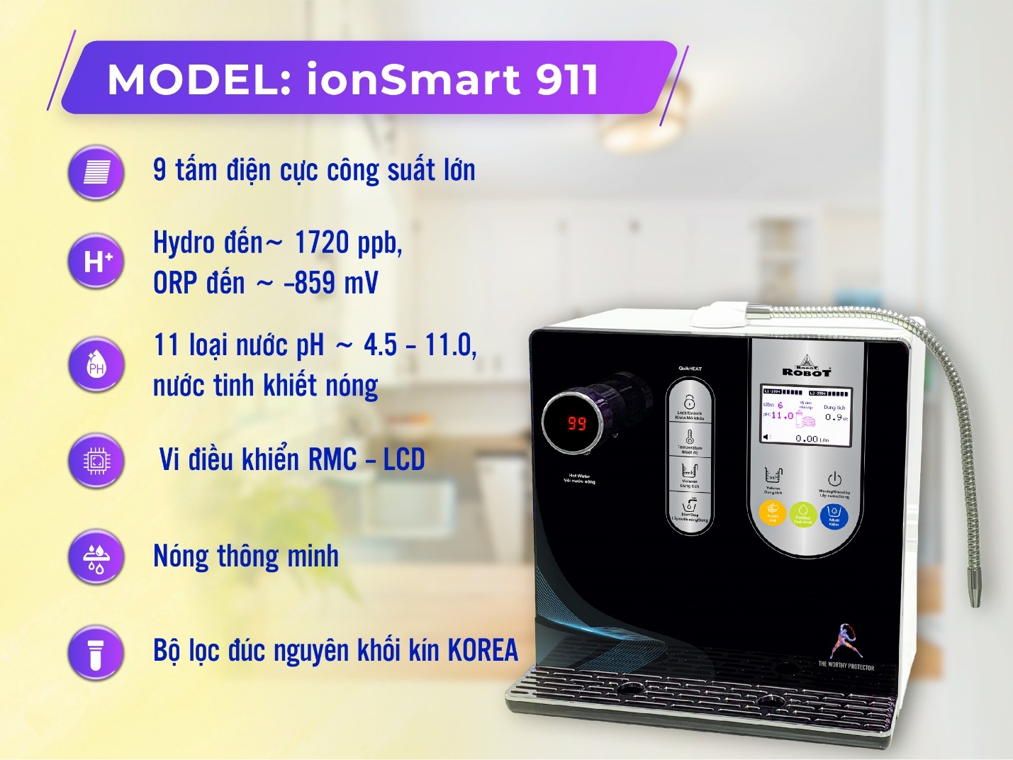 Máy Lọc Nước Điện Giải Nóng Thông Minh ROBOT ionSmart 911 - Hàng chính hãng