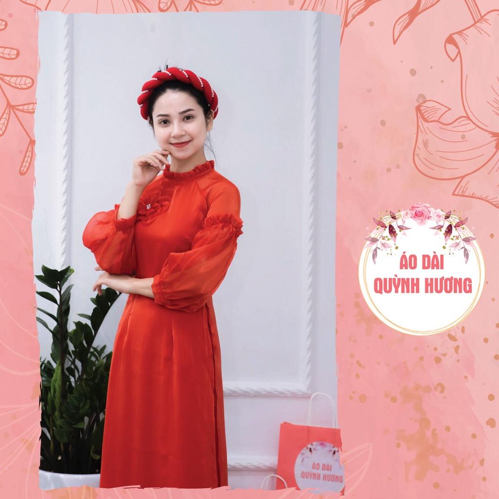 Áo dài voan tơ đỏ tay bồng chun cách điệu