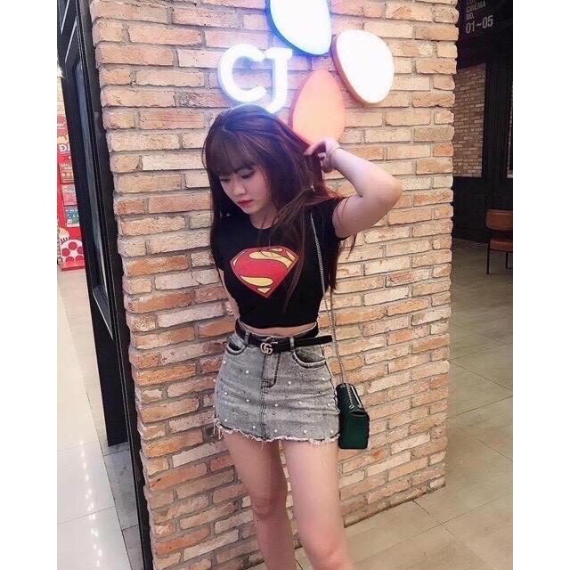 Áo croptop nữ tay ngắn ôm body in hình chữ SUPERMAN cực cá tính 3 màu ĐEN, XANH TRẮNG (ảnh thật