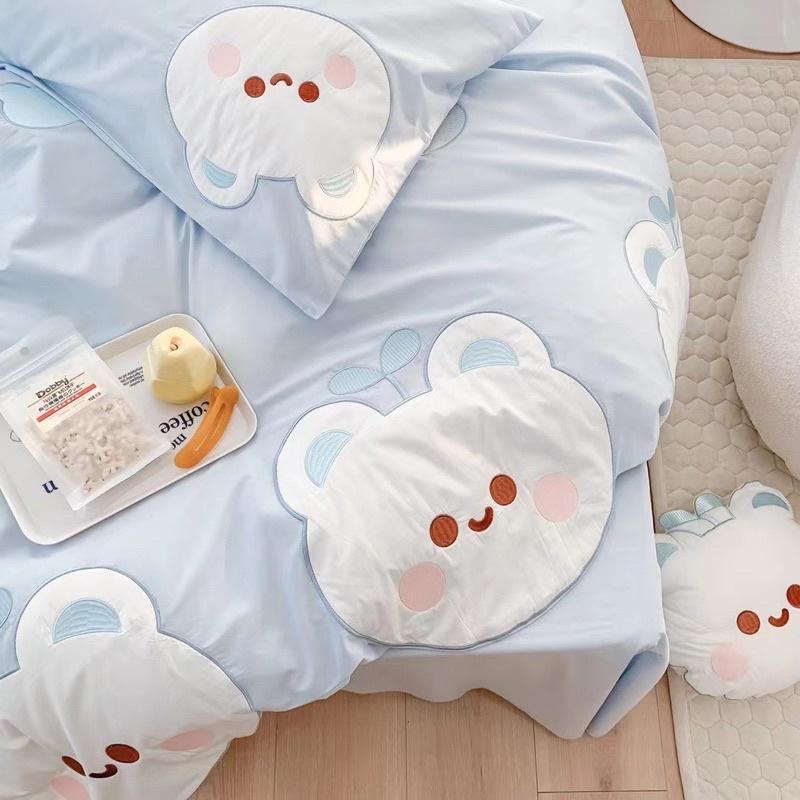 Bộ Chăn Ga Gối Cotton Linen Disney Hàng Nhập Khẩu Cao Cấp 5Món Mẫu Thỏ Xanh