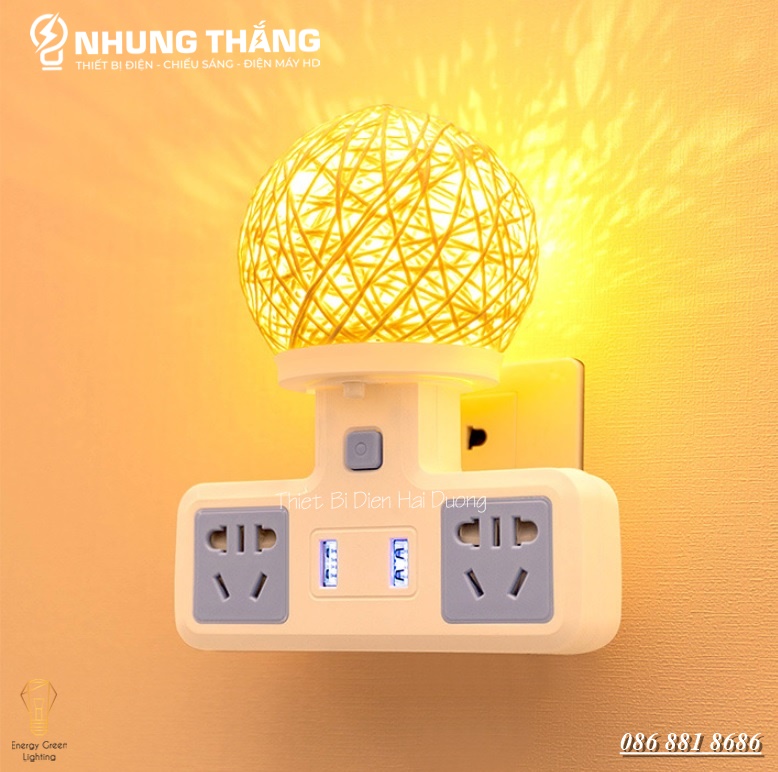 Ổ Cắm Điện Đa Năng - Đèn Ngủ Cầu Mây - 2 Cổng USB , Ổ Chịu Tải 2500W, Chống Cháy Nổ - Kèm Phích Chuyển Đổi - Có Video