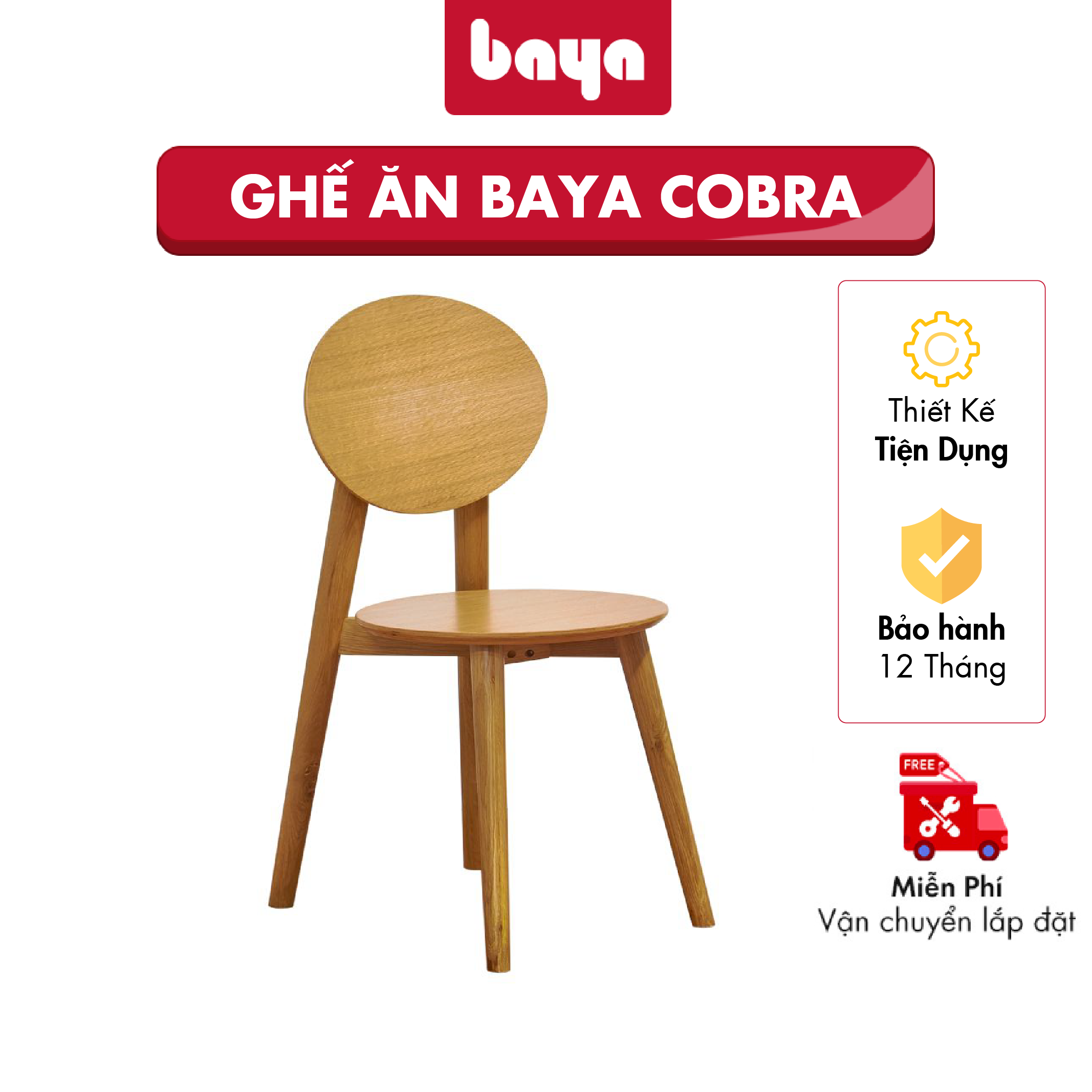 Ghế Ăn BAYA COBRA Chân Gỗ Tròn, Mặt Và Lưng Ghế Thiết Kế Tròn Mỏng, Màu Sắc Tự Nhiên Chất Liệu Gỗ Sồi Đặc Độ Bền Cao Nhẹ Mà Dẻo Dai 1041507