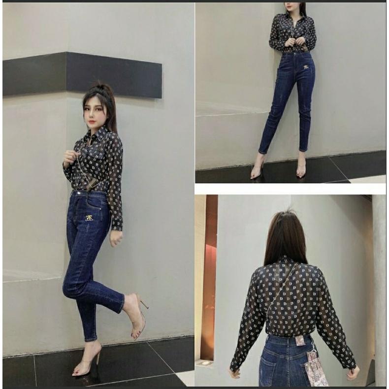 Quần Jeans Nữ Baggy Xanh Thêu Trang Trí Lưng Cao