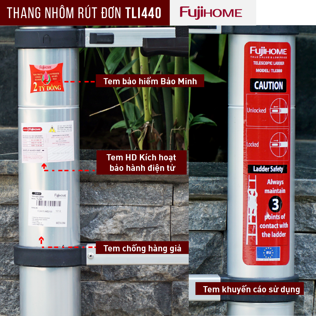 Thang nhôm rút đơn 4,4M gấp gọn Nhật Bản Fujihome chống trượt, thang rút gấp xếp gọn gia đình 4m4 mét đa năng có khóa an telescoping ladder