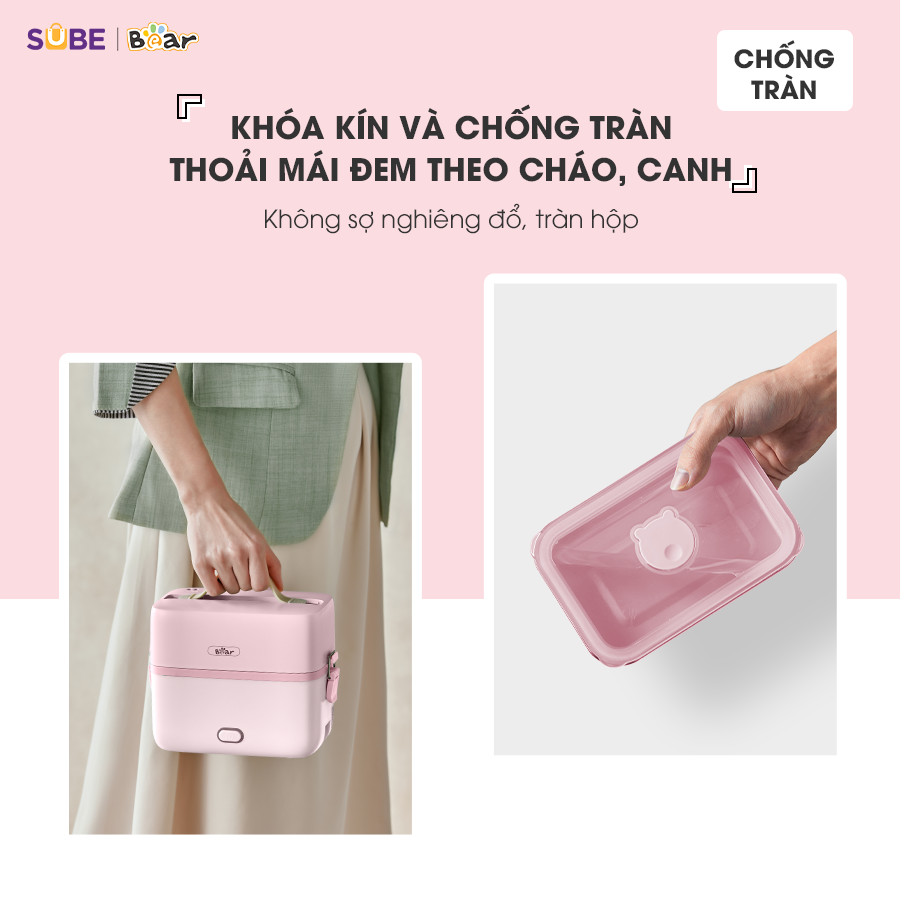 Hộp Cơm Cắm Điện Bear 2 Tầng 3 Ngăn Hâm Nóng Cực Nhanh Inox 304 An Toàn Giữ Nhiệt Chống Trào 1,2L SB-HC12L - Hàng Chính Hãng