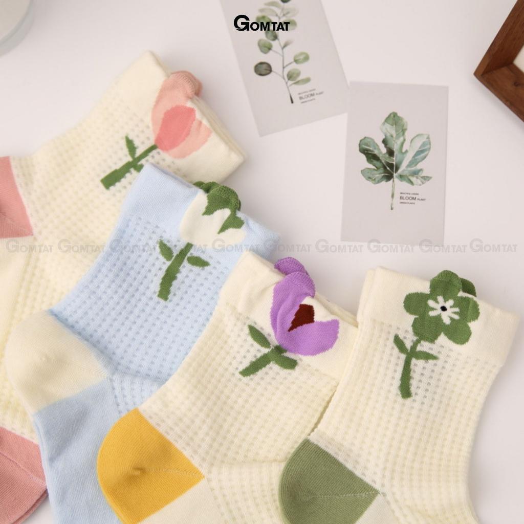 Tất nữ cổ trung họa tiết bông hoa dễ thương, vớ cổ lửng nữ chất liệu cotton cao cấp mềm mại - CAOHOA-ZHU-6002-1DOI