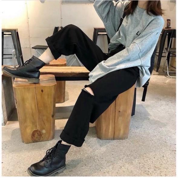 Quần Jeans Ống Rộng QJ002/ Ống Suông Lưng Cao Qua Rốn BigSize - Không Giãn - ĐEN TRƠN / ĐEN RÁCH 1 GỐI