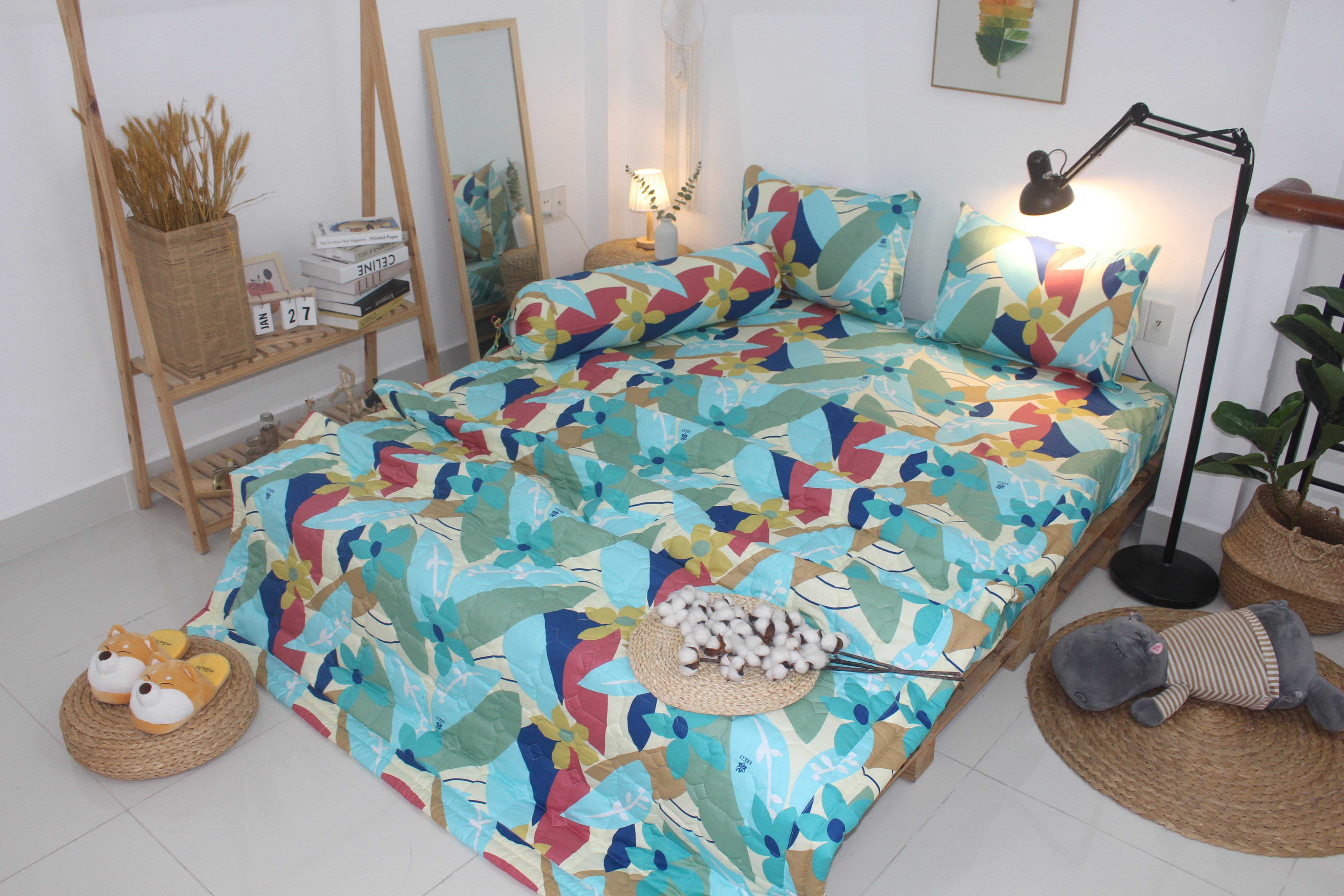 Bộ drap gối KHA LY - 100% cotton thiên nhiên - VN297-Hoa Latinh Vàng Đỏ