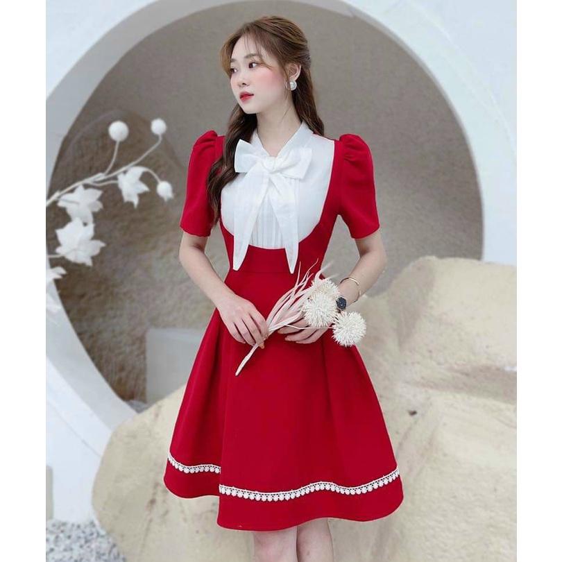 Đầm xoè tiểu thư viền ren phối cổ dập ly cột nơ duyên dáng