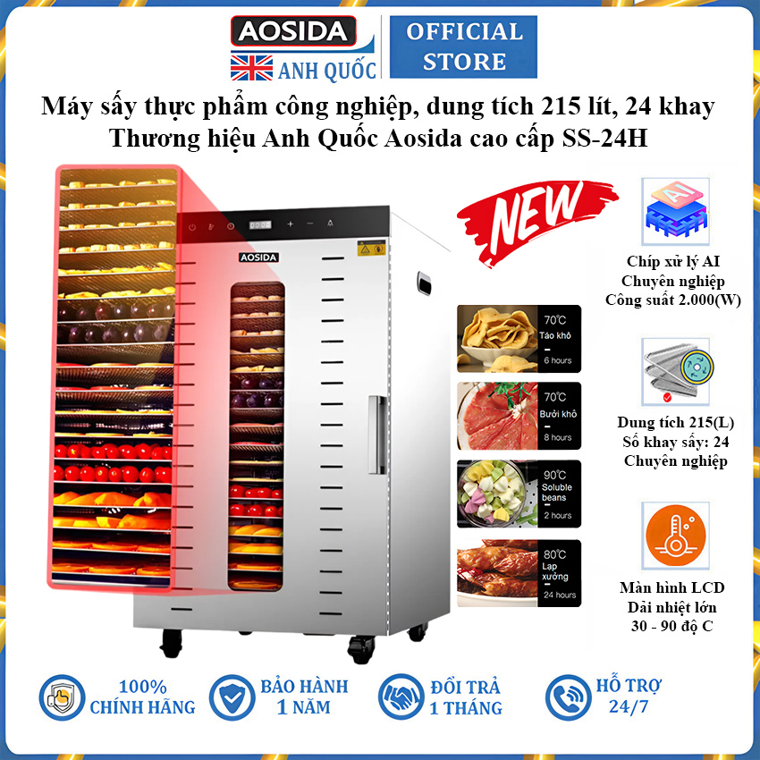 Máy sấy thực phẩm công nghiệp thương hiệu cao cấp AOSIDA SS-24H 24 khay - Dung tích 215L - Hàng Chính Hãng