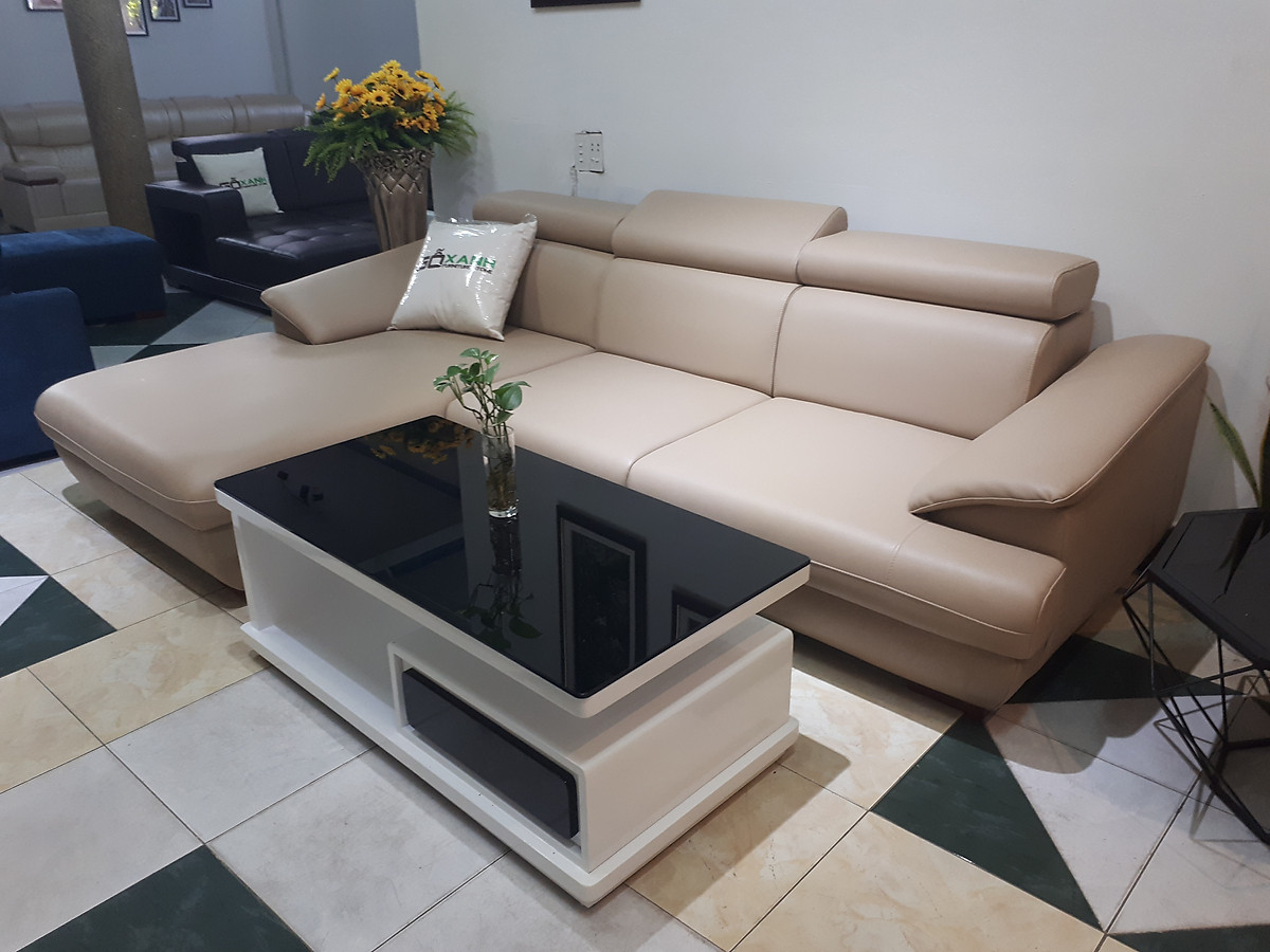 Sofa da góc L Tundo màu kem 2m5 x 1m6 đầu bật