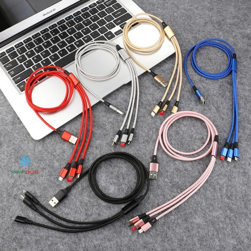 Dây cáp sạc 3 đầu  chất liệu vải dù chắc chắn , dài 1m2 , tích hợp 3 cổng sạc - 3 trong 1 tiện lợi , sạc được nhiều máy , chống đứt gãy ,chống gập ,giúp tiết kiệm thời gian , nhỏ gọn dễ mang theo mọi nơi
