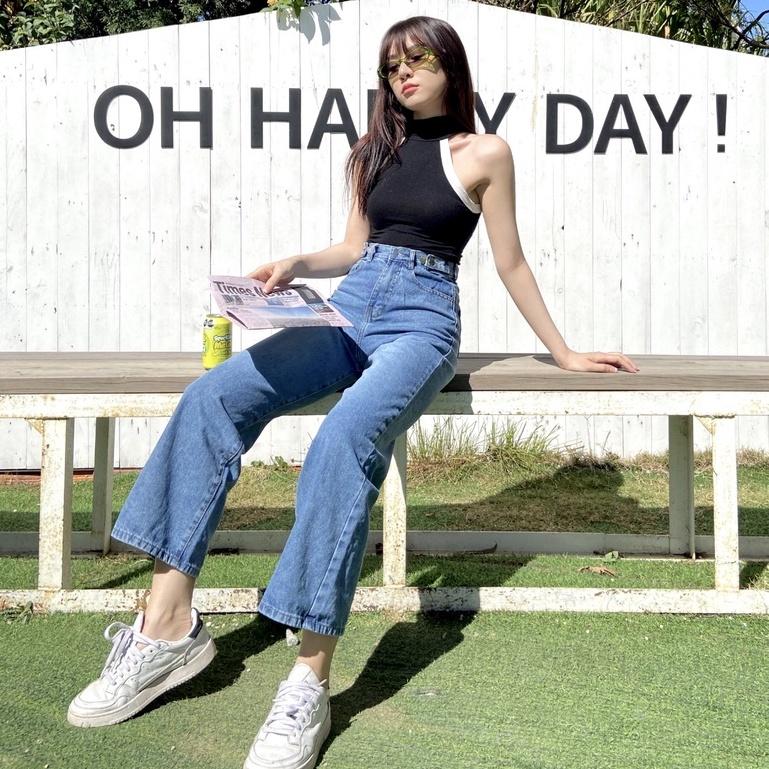 Quần Jean Ống Rộng SIMPLE JEAN Unisex (Gài nút 2 bên lưng K001)