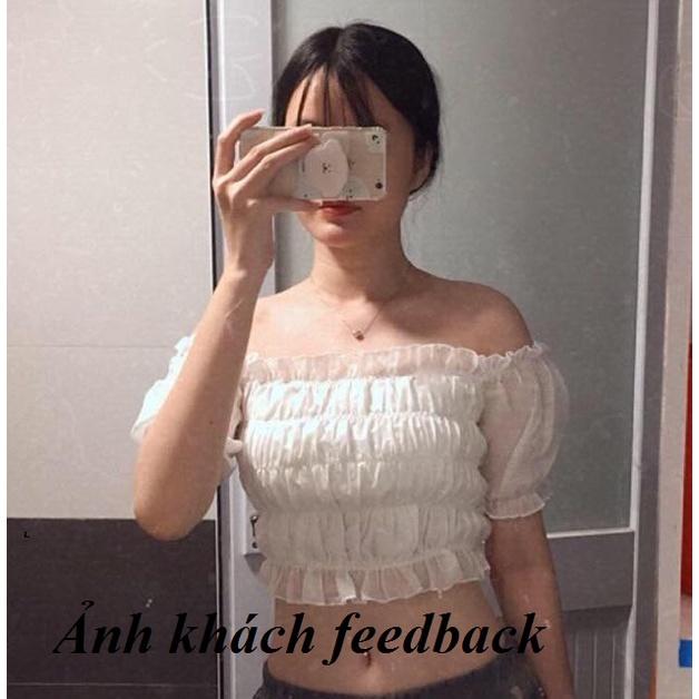 Áo croptop ánh kim trễ vai tay phồng có 2 màu freesize mặc được 2 kiểu