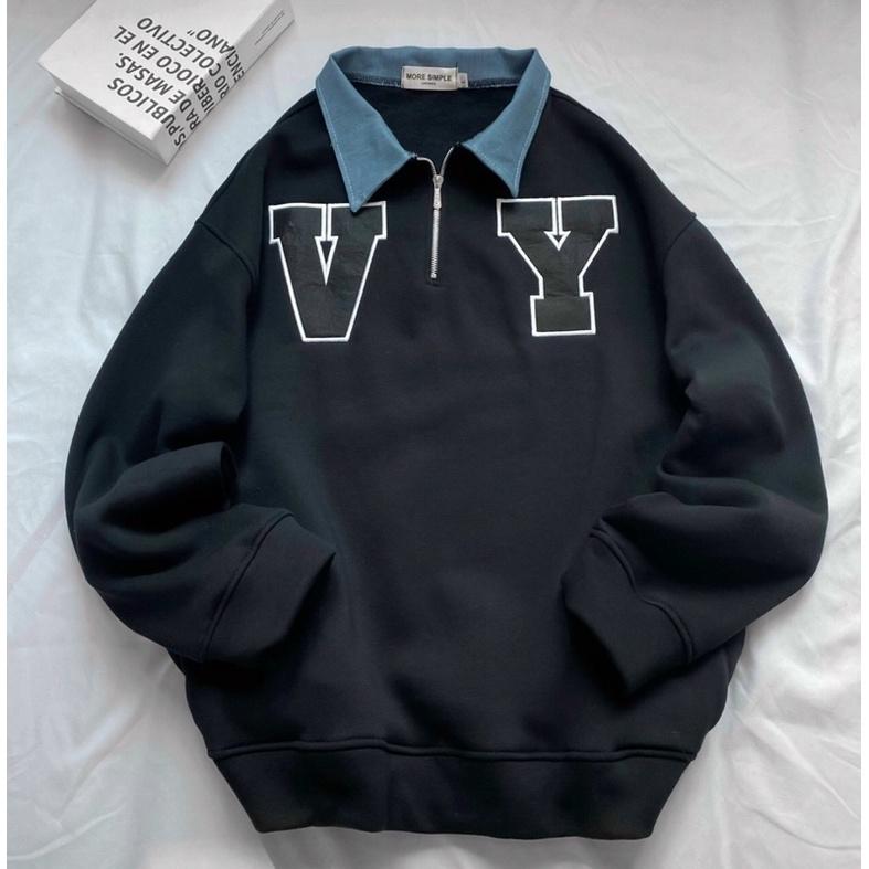 Áo Sweater V.Y Phối Zip Vải Nỉ Bông Form Rộng Ulzzang Unisex Nam nữ unisex Áo Sweater có cổ Jaystoree