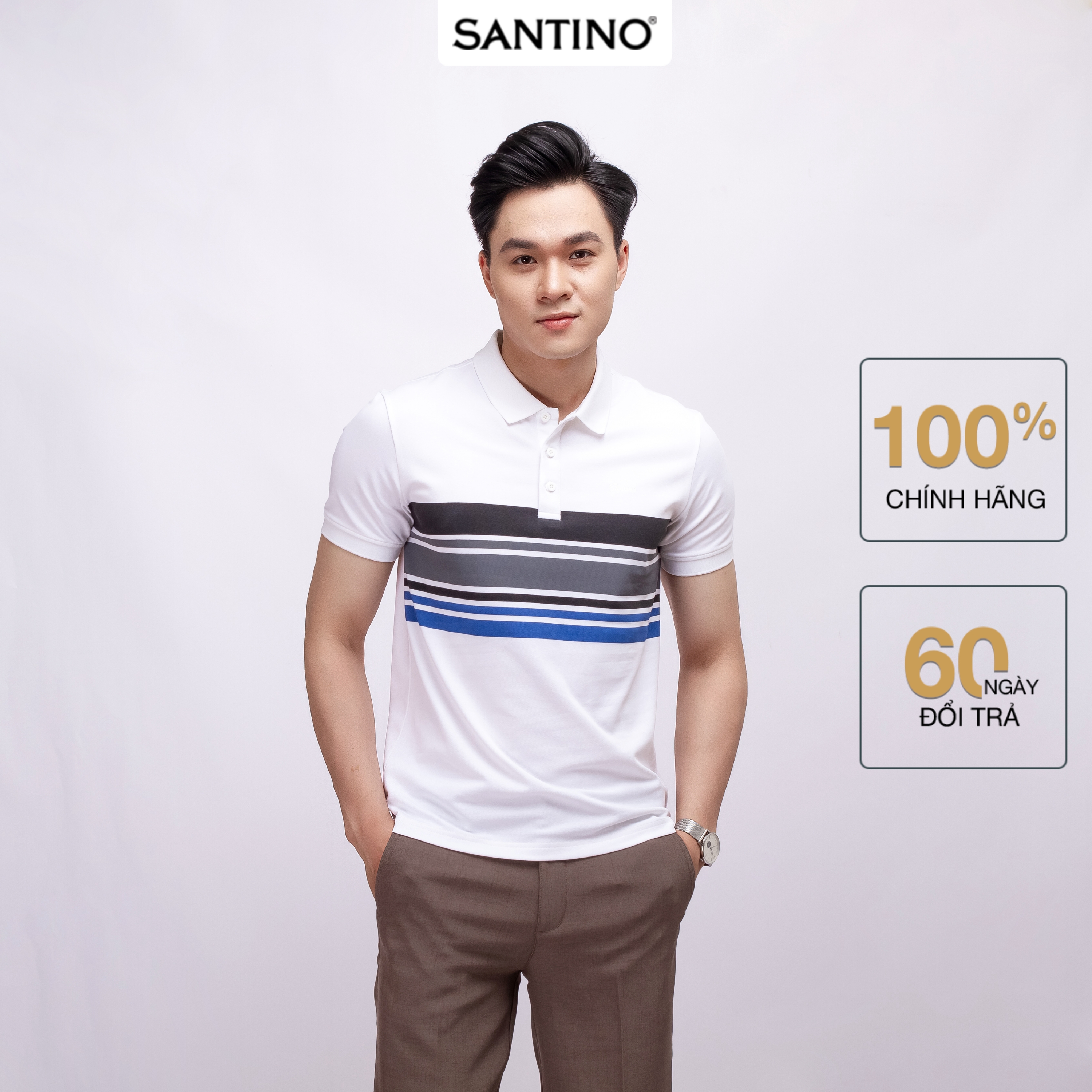 Áo Polo nam SANTINO, phối ngực lịch lãm, Cotton Cá Sấu, kháng khuẩn chống nhăn - E013