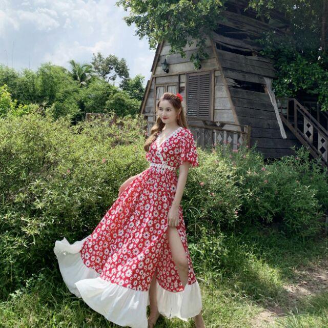 (miễn phí chỉnh váy) có size to đầm maxi hoa cúc họa mi tay loe váy xẻ tà tiểu thư du lịch chụp ảnh cực sang