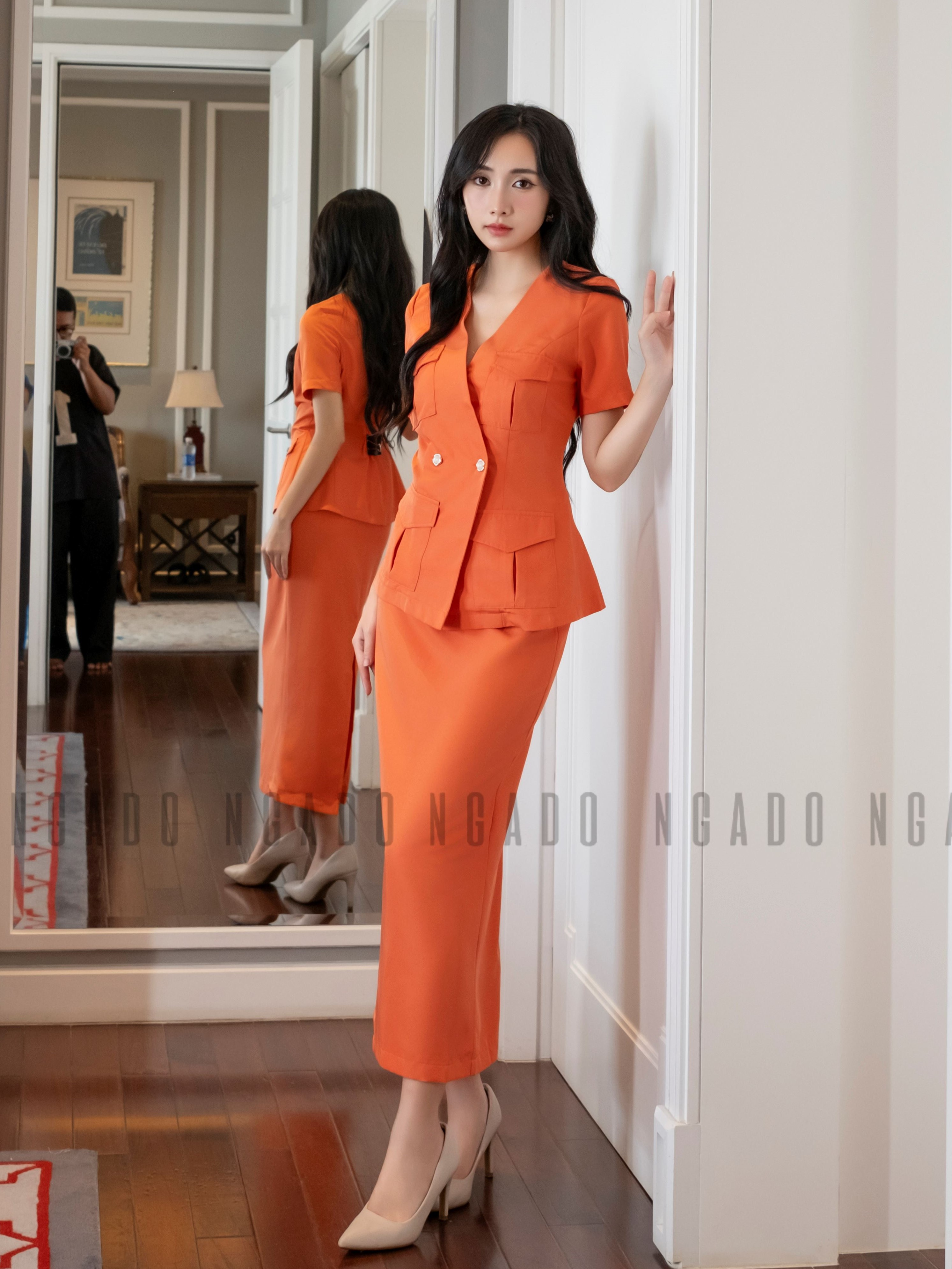 Set áo váy cam NGADO , set đồ nữ , Set váy bút chì kèm áo , Đồ công sở , Set thiết kế