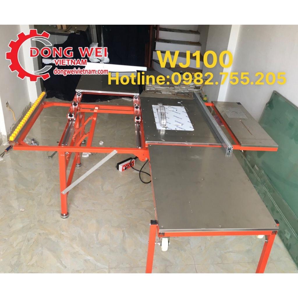 Máy cưa bàn trượt WJ100 (cưa 2 lưỡi, nâng hạ lưỡi điện, có mặt bàn máy soi, gắn kèm hút bụi) 0982.755.205