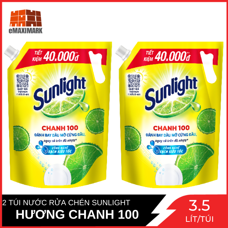 Combo 2 Túi Khổng Lồ Nước rửa chén Sunlight Chanh 100 Túi 3.5 Kg x2