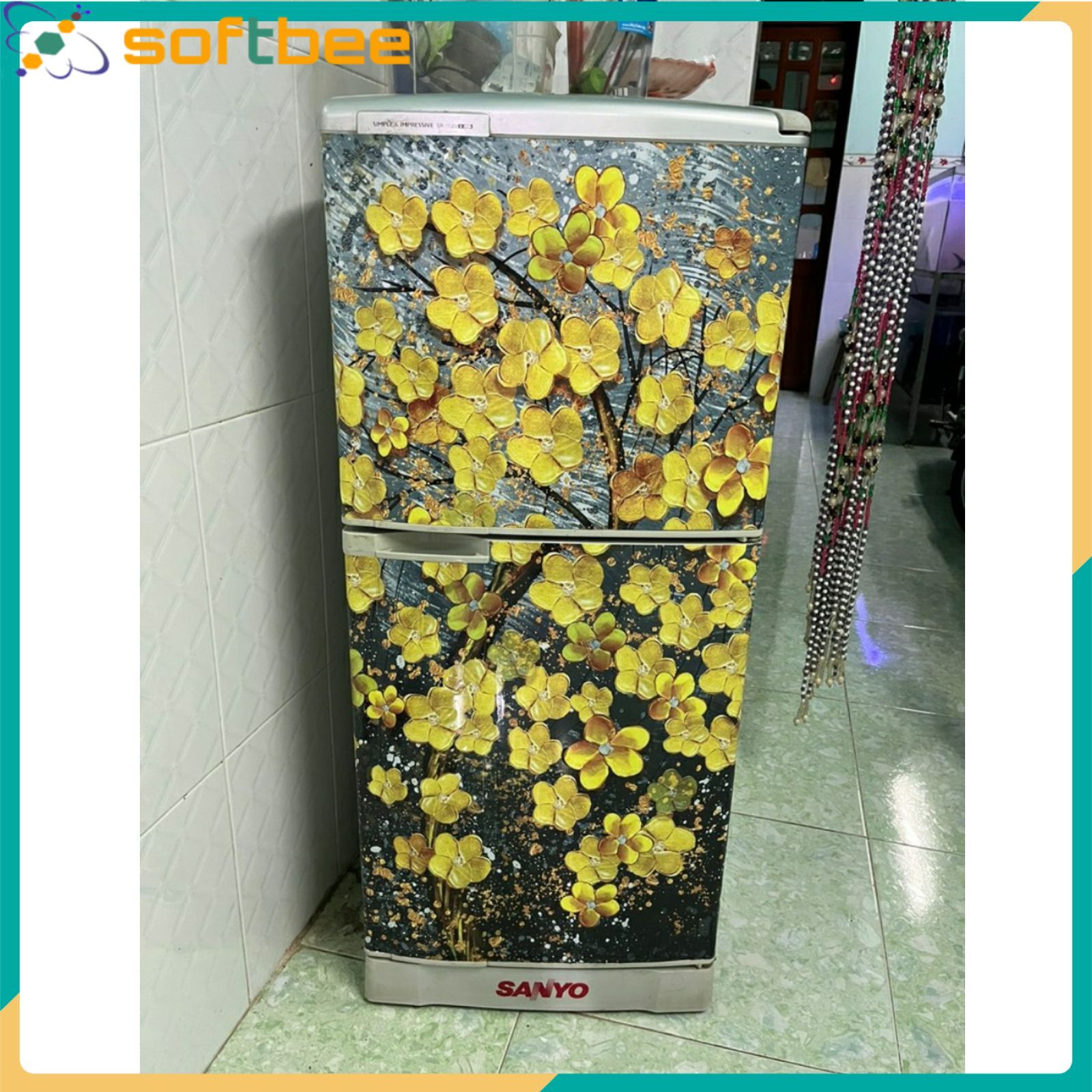 Decal dán tủ lạnh máy giặt in hình hoa mai, gồm 4 kích thước chọn lựa