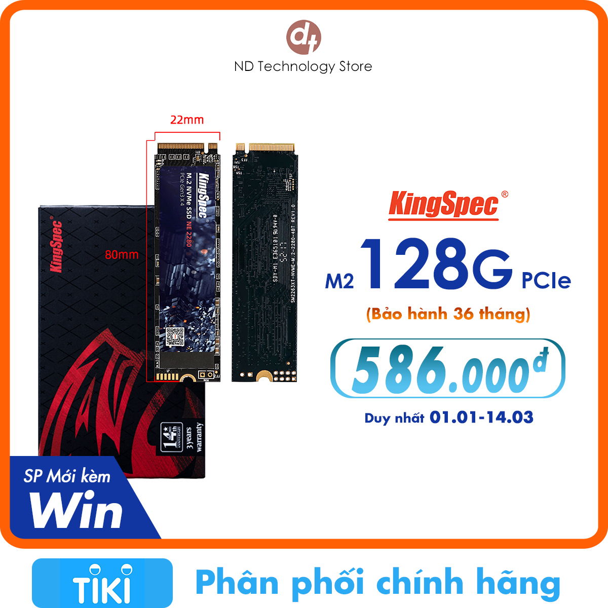 Ổ cứng SSD KingSpec 128GB M2 cài sẵn Win 10 / 128G PCIe NVMe - Hàng Chính Hãng