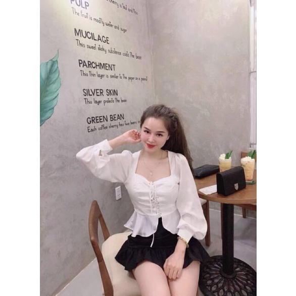 Áo croptop đan dây tay phồng dài có ảnh thật