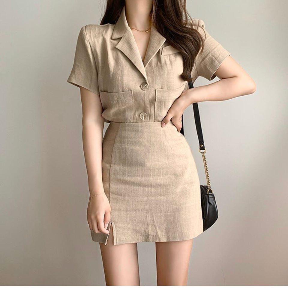 SET ÁO VEST NUDE + CHÂN VÁY XẺ