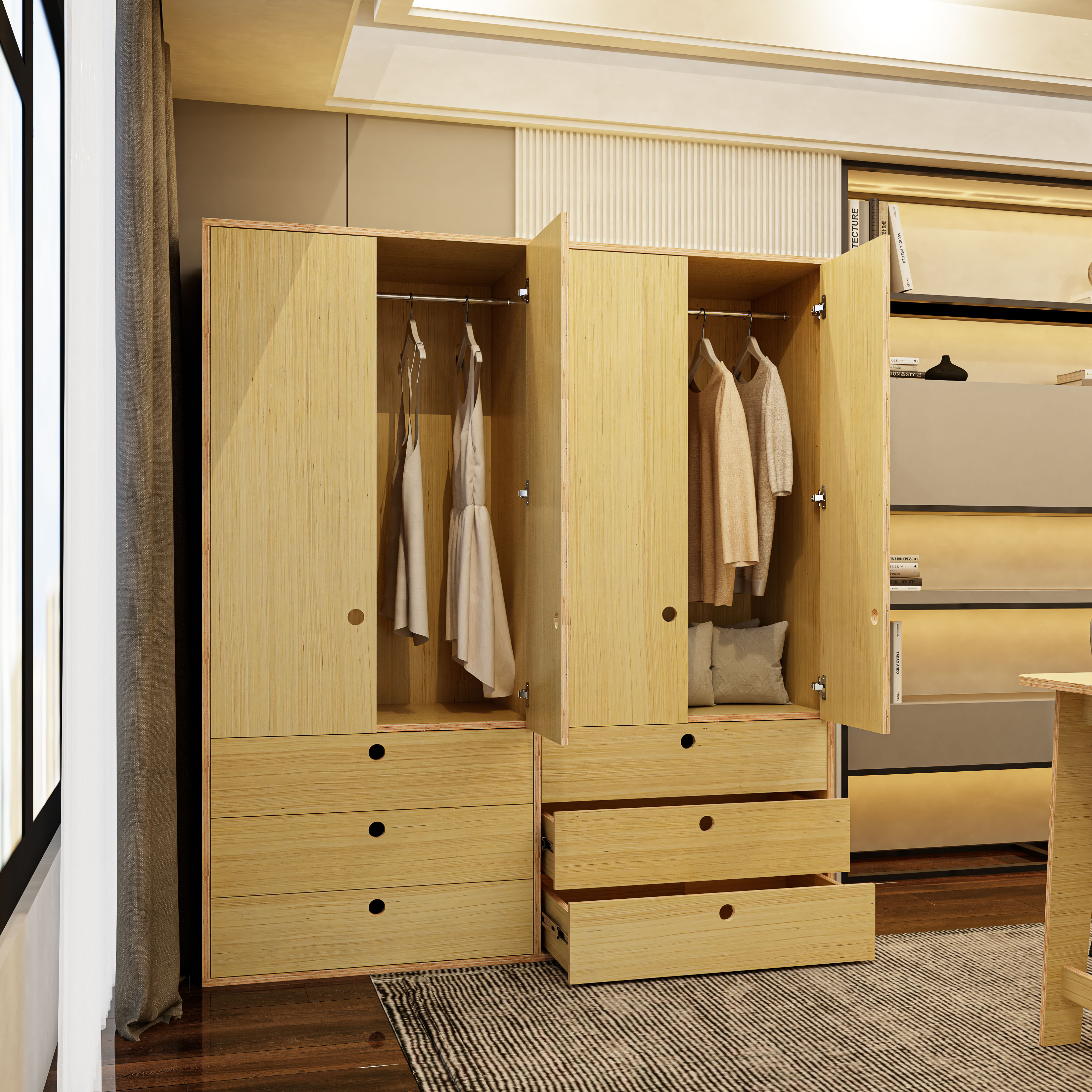 HAPPY FURNITURE , Gỗ tự nhiên , Tủ quần áo 4 cửa mở gỗ Plywood - SANARI , TCM_200 , 160cm x 59cm x 180cm DxRxC