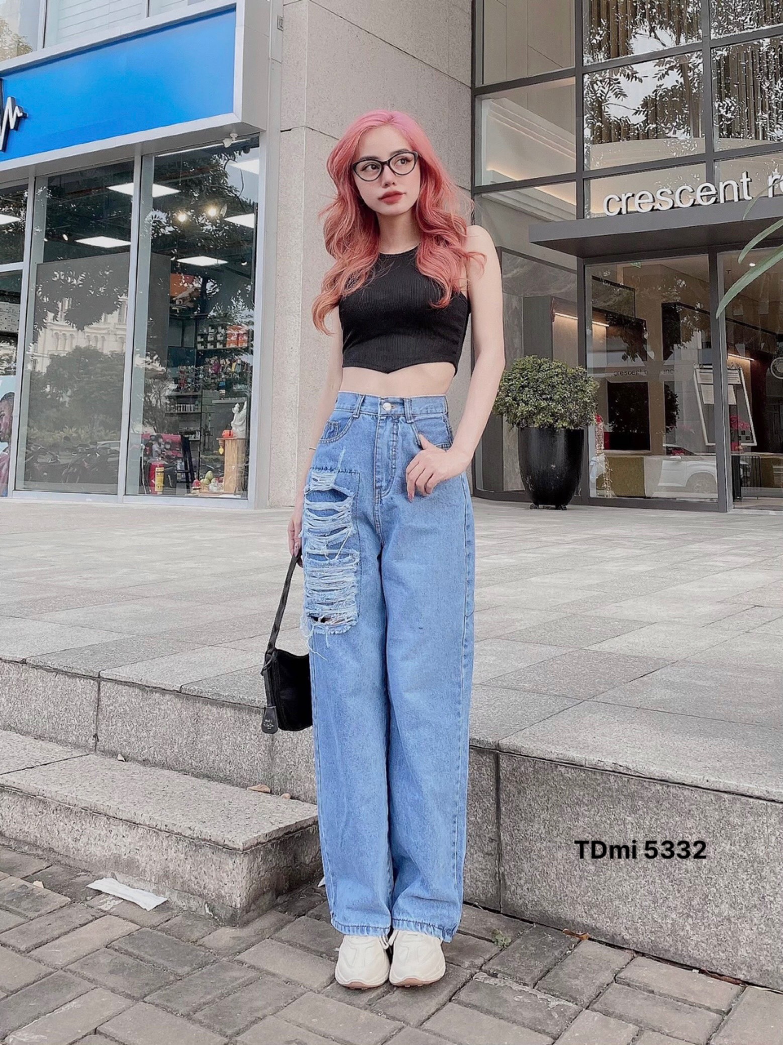 Quần bò nữ, Quần Baggy jean nữ lưng cao rách kiểu phong cách, Cạp quần cao vừa phải chất bò mịn đẹp