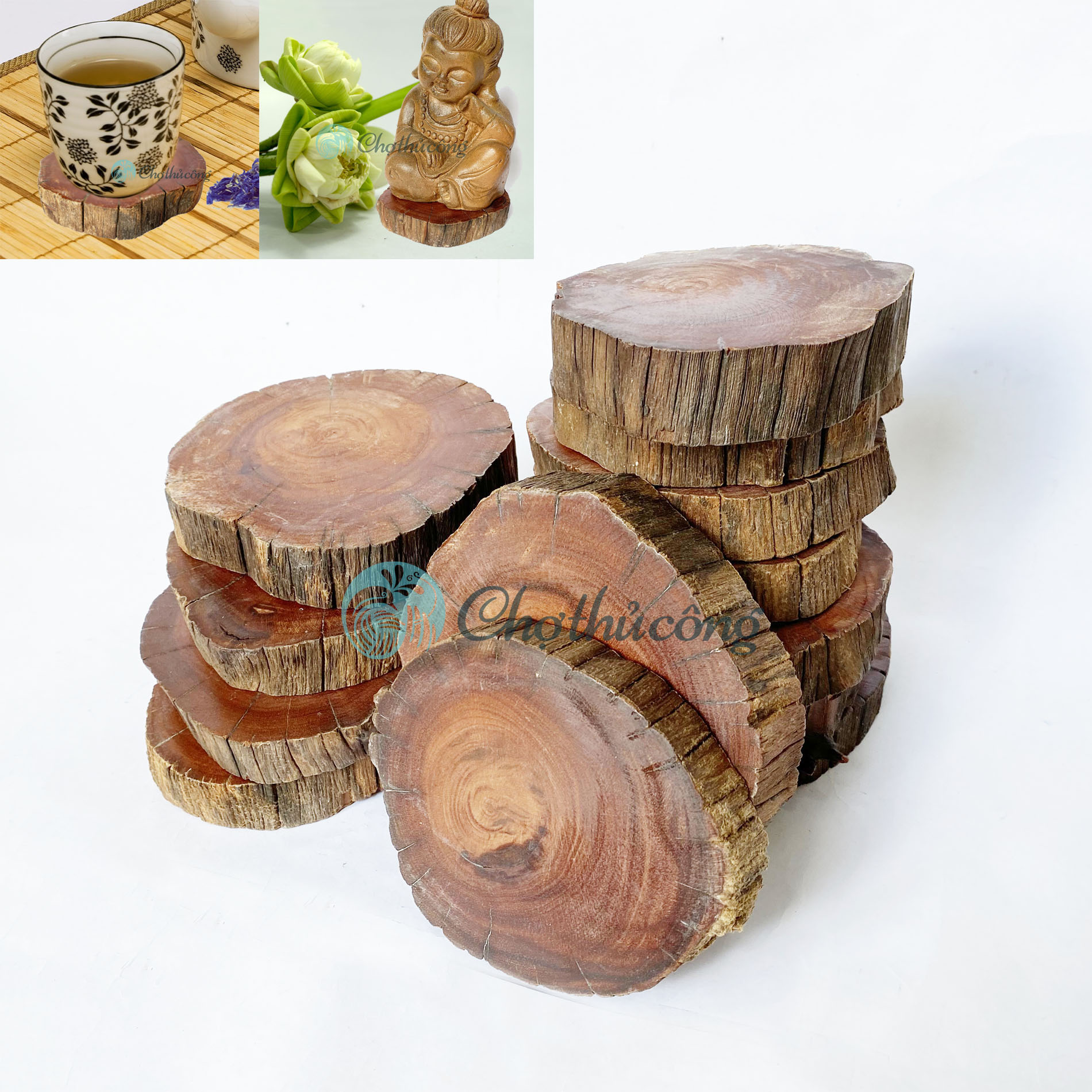 Lót cốc, đế lót ly gỗ lũa tự nhiên - Miếng gỗ tròn decor - đế gỗ tròn lót chậu cây, đế gỗ kê tượng, lát gỗ trang trí
