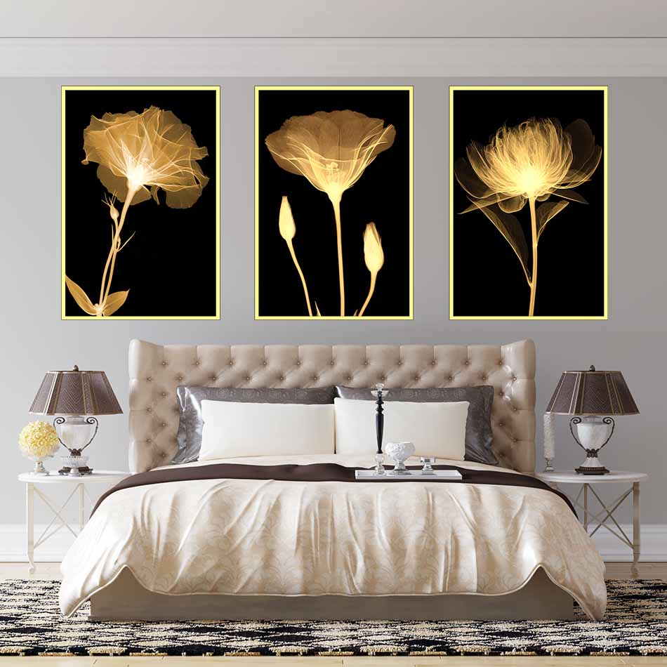 Bộ 3 tranh decor hoa vàng kim-DC016