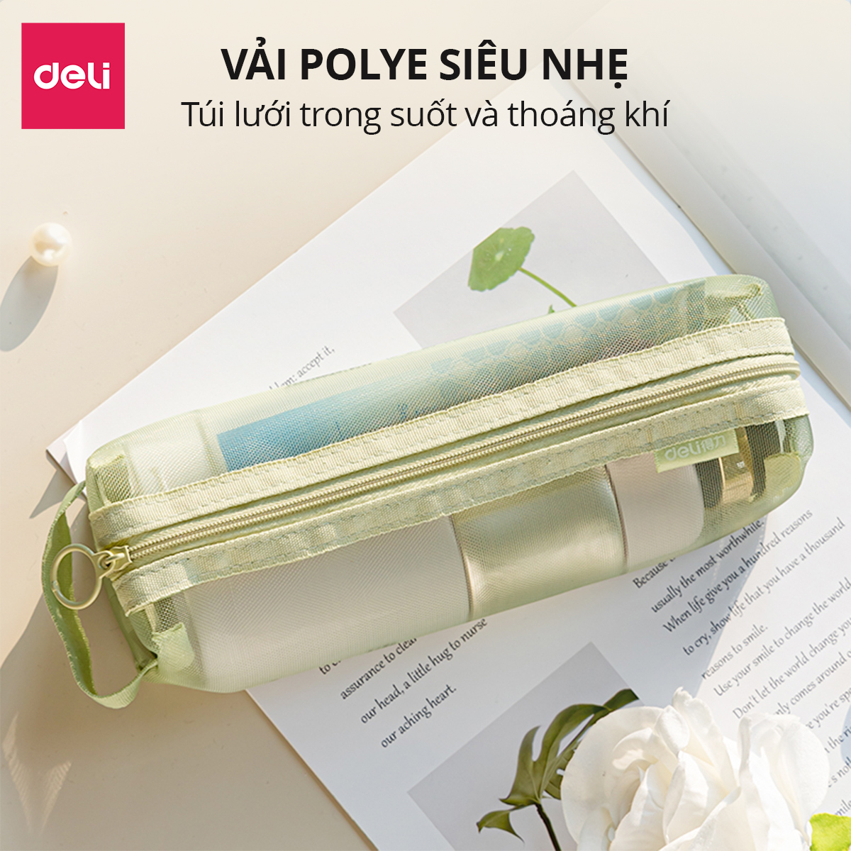 Túi Bút Đa Năng Bóp Viết Lưới Trong Suốt Deli - Màu Pastel Nhẹ Nhàng Sức Chứa Lớn Túi Mỹ Phẩm Du Lịch Học Sinh Văn Phòng